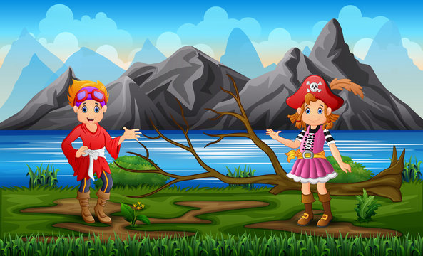 Pirate boy and girl in the nature background