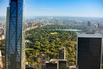 Aerial view of the buildings and skyscrapers over Central Park and the Manhattan skyline in New York City USA