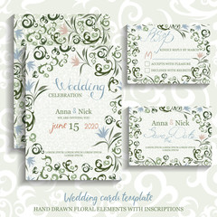 Wedding cards template. Hand drawn floral elements with inscriptions