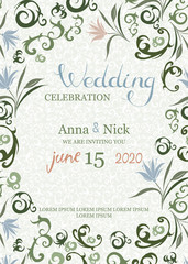 Color vector invitation with hand drawn floral elements 