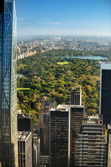 Aerial view of the buildings and skyscrapers over Central Park and the Manhattan skyline in New...