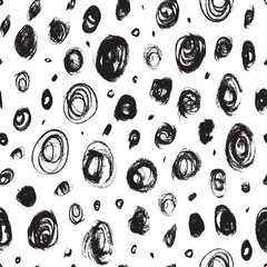 Ovals and Circles Dry Paint Brush Stroke Vector Seamless Pattern. Hand drawn Polka dot background. Black and white