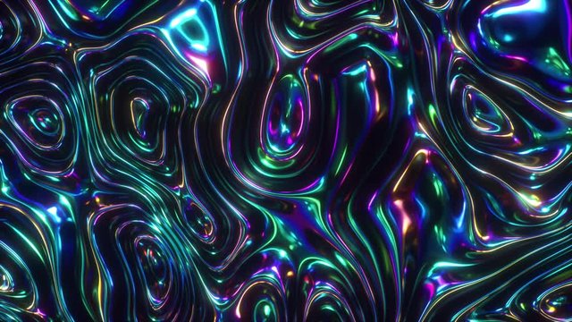 Iridescent abstract colorful background, 3d render, holographic foil, liquid petrol surface, ripples, metallic reflection, esoteric aura, psychedelic animation, seamless loop 4k. rainbow color