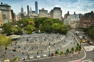 Aerial view of people walking through the plaza of Union Square Park in midtown Manhattan New York...