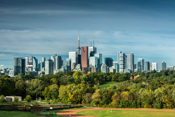 Downtown Toronto Canada cityscape skyline view over Riverdale Park in Ontario, Canada