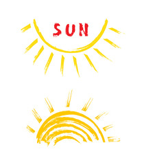 Sun Paint Brush Strokes Vector Set. Hand drawn Grunge Yellow Suns