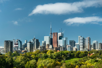 Fototapeta na wymiar Downtown Toronto Canada cityscape skyline view over Riverdale Park in Ontario, Canada