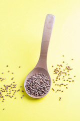 Buckwheat grains in wooden spoon on yellow background, levitation concept