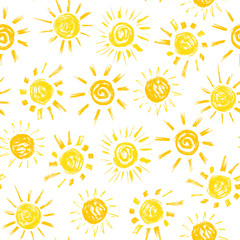 Sun Paint Brush Strokes Vector Seamless pattern. Hand drawn Grunge Yellow Suns Background