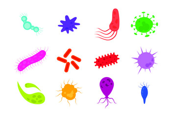 Virus bacteria set. Abstract disease germs, flu microbes and toxin cells isolated on white background. Vector illustration of infections, pathogenic organism, viruses and bacterias