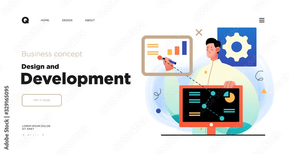 Poster design and development. landing page template with programmer or designer working in a company offic