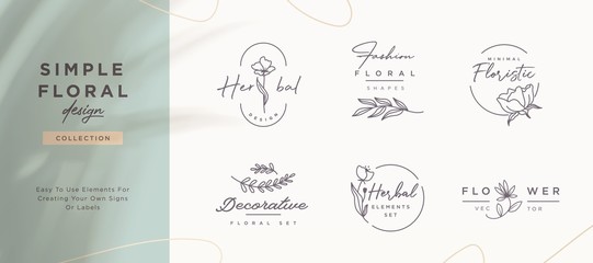 Set of minimalistic elegant geometric floral elements. Premade decorative fashion labels, signs. Vector