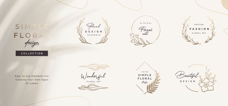 Set of minimalistic elegant geometric floral elements. Premade decorative fashion labels, signs. Vector