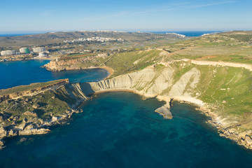 Aerial view of nature landscape of Ghajn Tuffieha bay.Malta island