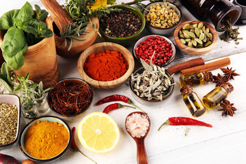 Spices and herbs on table. Food and cuisine ingredients with pepper