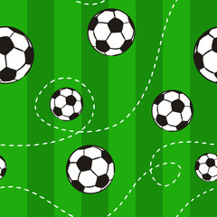 Seamless pattern with soccer balls on a green field. Hand-drawn football balls and soccer striped grass field. Illustration for the design of sports posters, banners and design.
