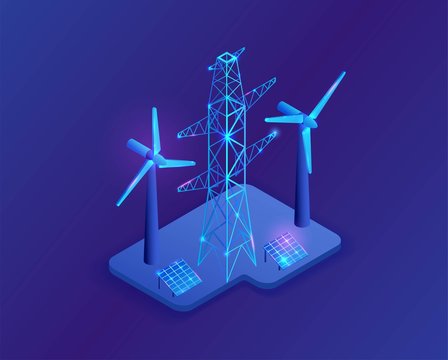 Electric Pole And Solar Panel Isometric 3d Icons, Neon Blue Energy Symbols