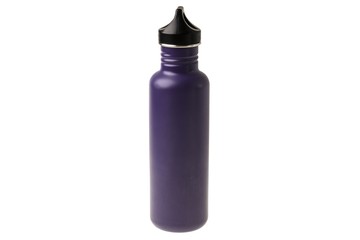 Close up view of purple stainless water bottle with black sport cap. Healthy lifestyle concept,