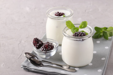 Two portions of homemade natural organic yogurt with blackberries and mint in glass jars on a grey background, Copy space