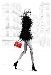 Hand drawn beautiful young woman with bag. Fashion look. Stylish girl walking with Paris street background. Woman in black feather jacket. Sketch. Fashion illustration.