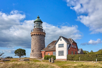 Hammeren Lighthouse (Hammeren Fyr) deactivated in 1990, located on the Hammeren peninsula on the northwestern tip of Bornholm island, Denmark. - obrazy, fototapety, plakaty
