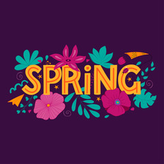 Orange lettering spring and flower with leaf on dark purple background, lettering text, vector stock illustration