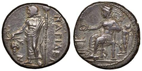 Ancient Greece Cilicia City of Nagidos silver coin stater 370-365 BC, Dionysus with thyrsus and grapes, Aphrodite and Eros in front of altar, 