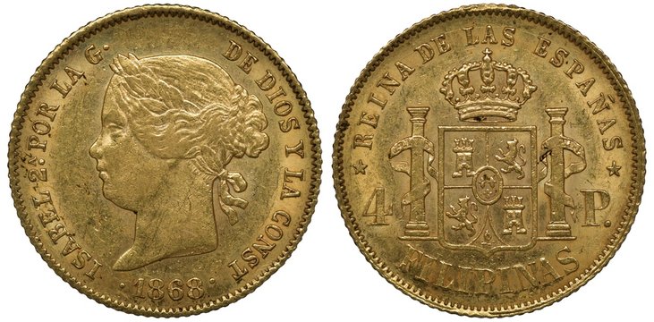 Spanish Philippines golden coin 4 four pesos 1868, head of Queen Isabel II left, crowned shield with lion and tower flanked by pillars twinned with ribbons, 