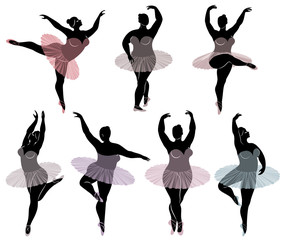 Naklejka na ściany i meble Collection. Silhouette of a cute lady, she is dancing ballet. Woman is overweight. The girl is plump and slim. Woman is ballerina, gymnast. Vector illustration set