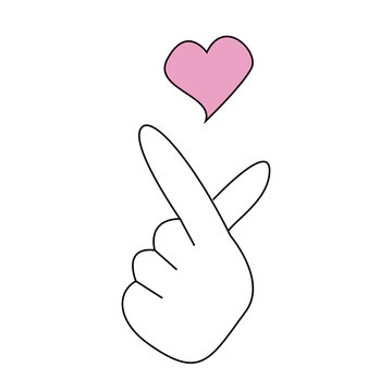 Sign of love. Hand drawn illustration. Korean Finger Heart Icon - Cute finger heart gesture icon isolated on white background and part of K-Pop icon collection. Korea v finger wave or Korean hand. 