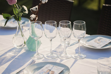 Glasses at a wedding Banquet. Table setting.