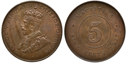 British Mauritius coin 5 five cents 1917, bust of King George V left, digit of denomination within beaded circle, date below,