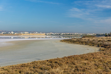 The ancient mosque Hala Sultan Tekkes on the shore of the salt lake in Cyprus in Larnaca, the Islamic religion is a Muslim shrine