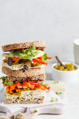 Vegan sandwiches with tofu, pepper, carrot, hummus and green dressing on the board.
