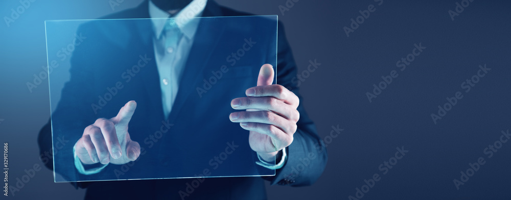 Poster man touching in screen