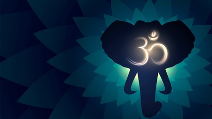 Elephant head silhouette on fractal background and glowing sign Om, Hinduism, Buddhism - obrazy, fototapety, plakaty