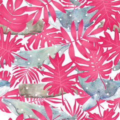 Summer exotic floral tropical palm leaves and watercolor whales. Seamless pattern. Plant flower nature wallpaper.