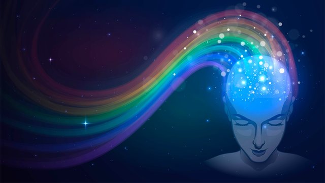 Human head in space and rainbow, concept of imagination and dream