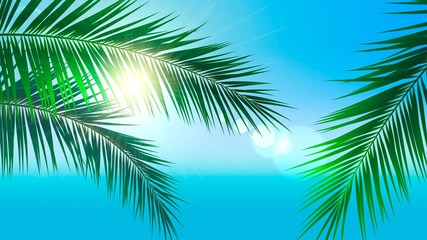 Fototapeta na wymiar Background with palm leaves and the bright sun on the background of the sea, vacation on the tropical islands