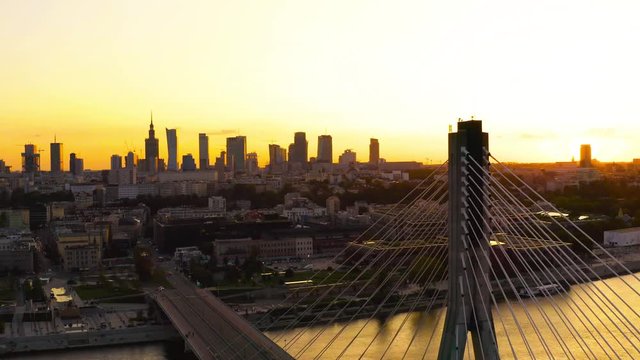 Drone 4k. Beautiful sunset view of Warsaw city in Poland.