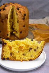 Traditional Italian sweed bread for Christmas panettone with raisins and lemon zest from Milan