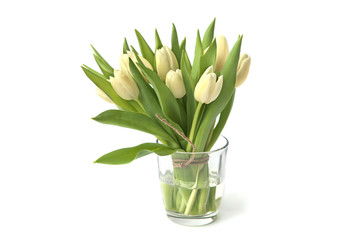 White tulips bouquet in glass vase isolated on white background. Spring bouquet of fresh tulip flowers..