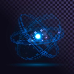 Blue glowing atom on a transparent background, technological futuristic element - obrazy, fototapety, plakaty