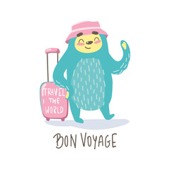 cute cartoon sloth in funny hat with luggage and hand drawn lettring quote- bon voyage