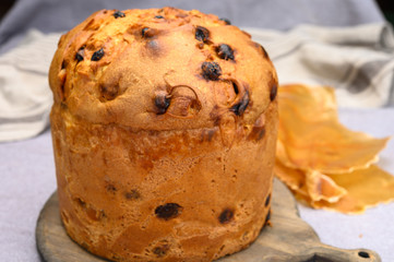 Traditional Italian sweed bread for Christmas panettone with raisins and lemon zest from Milan