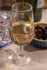 Fortified wine from Andalusia, Spain, different types of sherry in glasses and olives, colors of Andalusisa