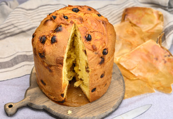 Traditional Italian sweed bread for Christmas panettone with raisins and lemon zest from Milan