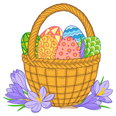 Happy Easter. Bright easter eggs and flowers in basket on white background
