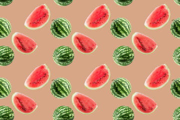 seamless pattern with watermelon and slices on a light brown background