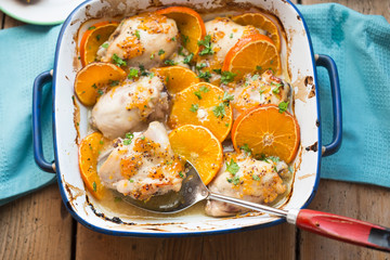 Chicken in marinade, fruity chicken with clementines. 